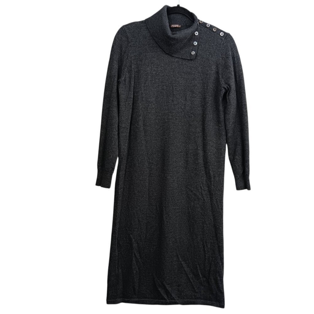 J.McLaughlin Women's Gray Midi Dress M Turtleneck Button Detail Long Sleeve Wool